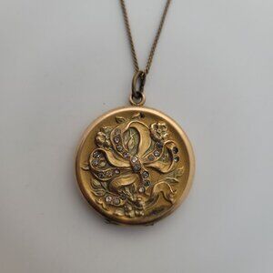 Antique Art Nouveau Gold Filled & Paste Repousse Ribbon & Floral Locket